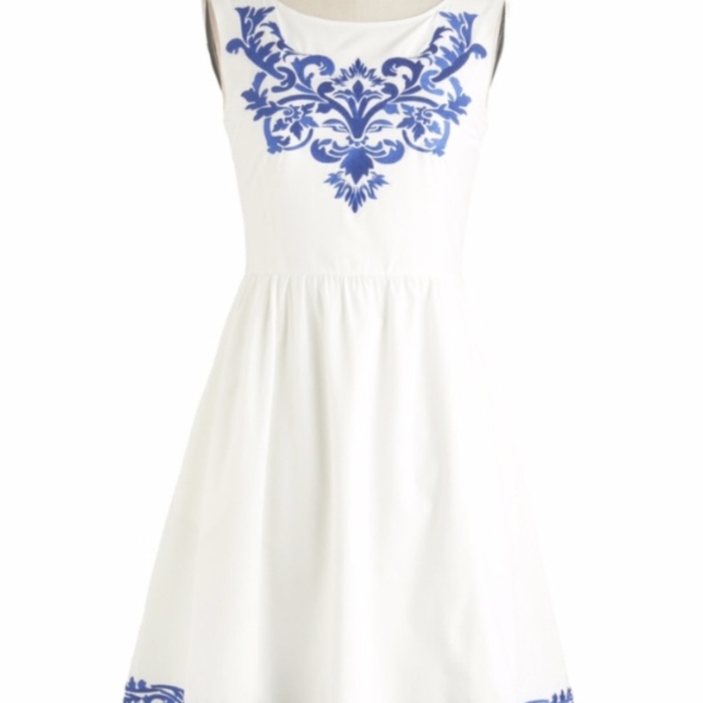 Modcloth White and Blue Embroidered Dress